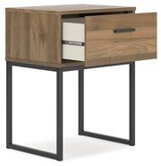 Ashley Furniture Deanlow nightstand with open drawer and angled design, showcasing modern wood finish and sleek storage space.