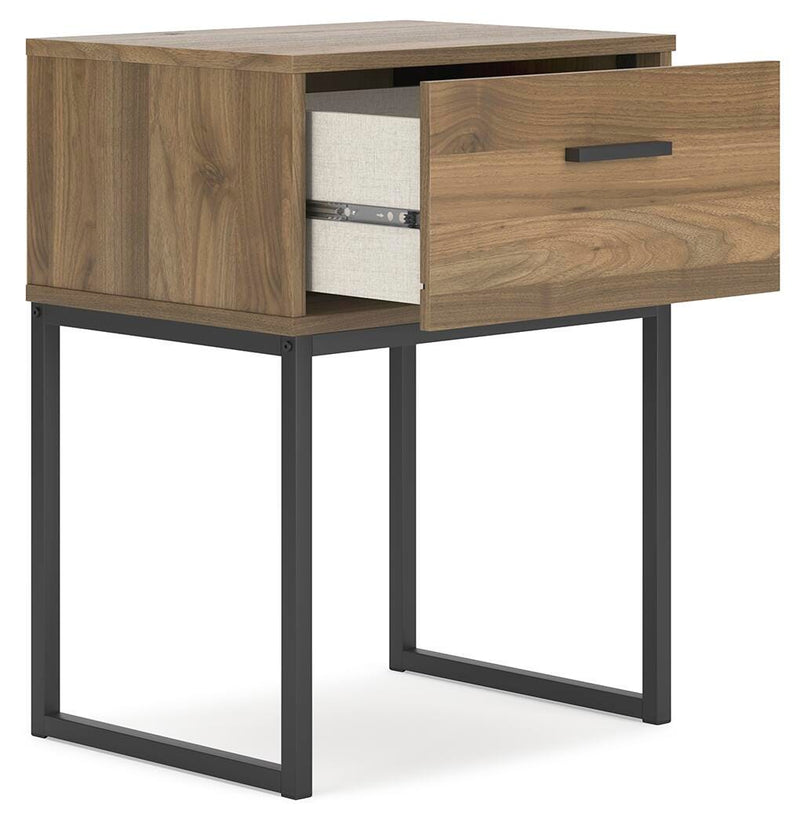 Ashley Furniture Deanlow nightstand with open drawer and angled design, showcasing modern wood finish and sleek storage space.