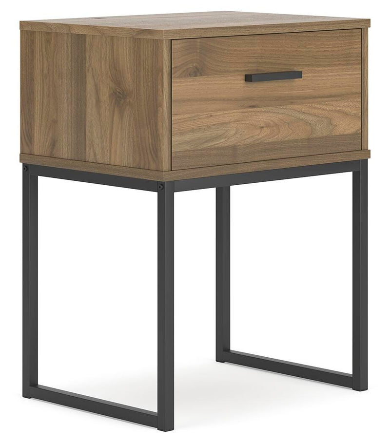 Ashley Furniture Deanlow nightstand with a dark wood finish, featuring a single drawer and open shelf for bedroom storage.