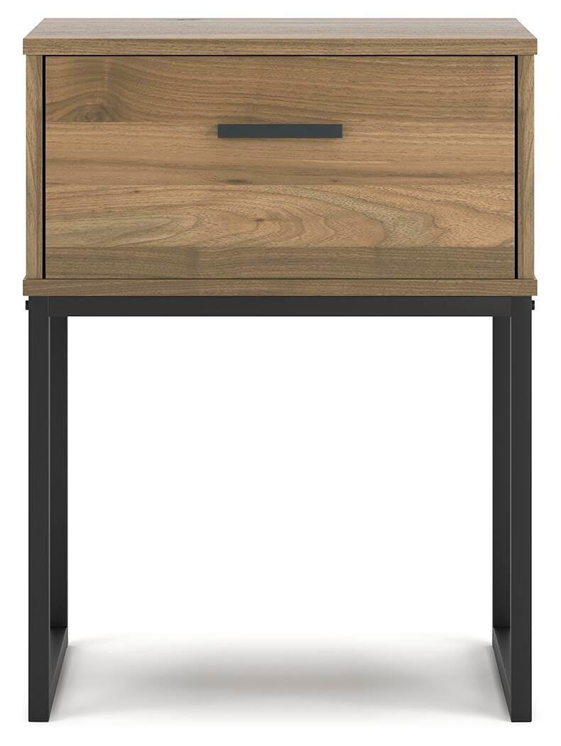 Ashley Furniture Deanlow nightstand with a dark wood finish, featuring a single drawer and open shelf for bedroom storage.