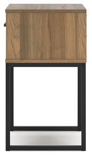 Ashley Furniture Deanlow nightstand with a dark wood finish and sleek design, featuring a single drawer and open shelf.