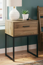 Ashley Furniture Deanlow nightstand with a dark wood finish and modern design, featuring a drawer and open shelf for bedroom storage.