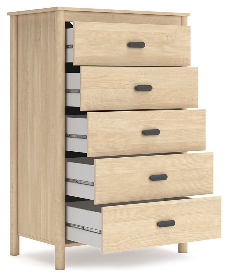 Open-angle view of Ashley Furniture Cabinella Chest of Drawers showing wood finish and multiple storage drawers.