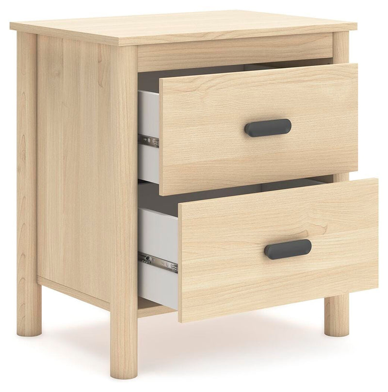 Ashley Furniture Cabinella Nightstand with open shelf and drawer, shown from an angled view in a modern bedroom setting.