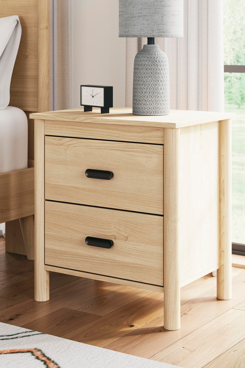 Ashley Furniture Cabinella nightstand with a dark wood finish and modern design, featuring a single drawer and open shelf.