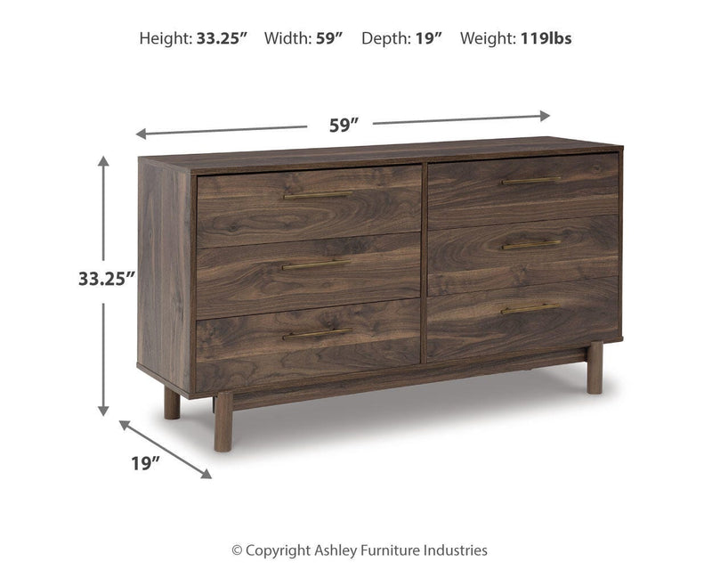 Ashley Furniture Calverson Dresser with multiple drawers, dark wood finish, and classic design for bedroom storage.