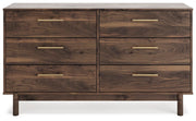 Ashley Furniture Calverson Dresser with sleek wood finish and multiple drawers, shown from a front view.