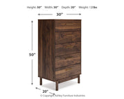 Ashley Furniture Calverson chest of drawers with dark wood finish and metal handles, featuring multiple spacious drawers.