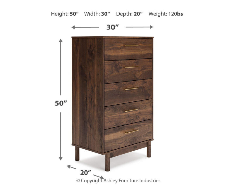 Ashley Furniture Calverson chest of drawers with dark wood finish and metal handles, featuring multiple spacious drawers.