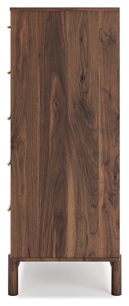 Ashley Furniture Calverson chest of drawers with a sleek wood finish and multiple drawers, shown from a side angle.