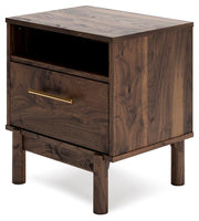 Ashley Furniture Calverson nightstand with a dark wood finish, featuring a drawer and open shelf for bedroom storage.