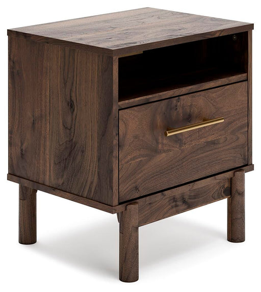 Ashley Furniture Calverson nightstand with a dark wood finish, featuring a single drawer and open lower shelf for storage.