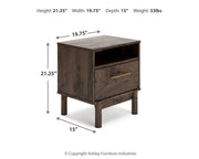 Ashley Furniture Calverson nightstand with a dark wood finish and sleek drawer design for bedroom storage.