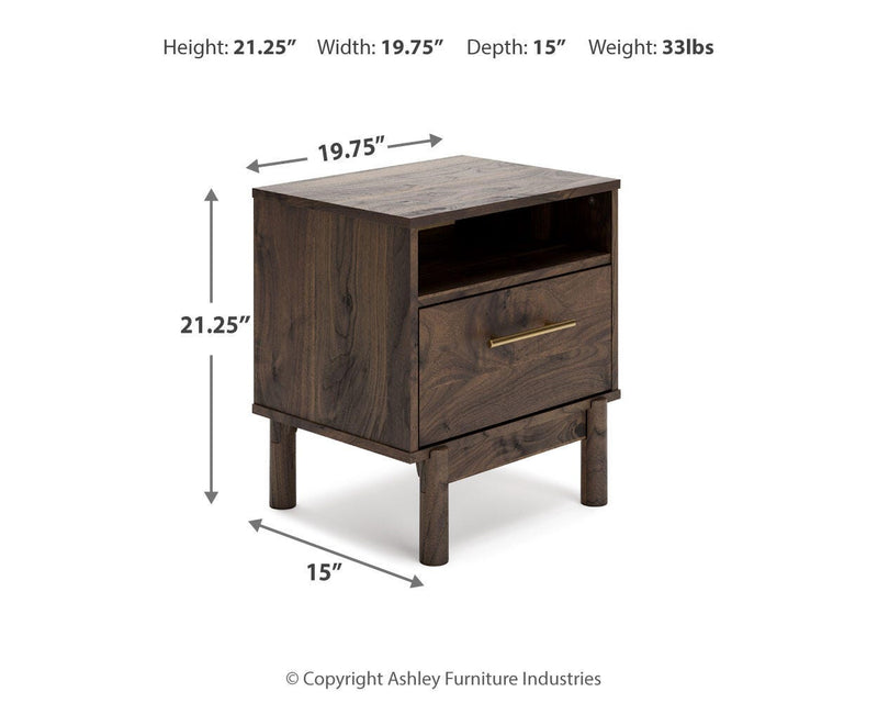 Ashley Furniture Calverson nightstand with a dark wood finish and sleek drawer design for bedroom storage.