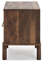Ashley Furniture Calverson nightstand with a dark wood finish and modern design, featuring a single drawer and open shelf.