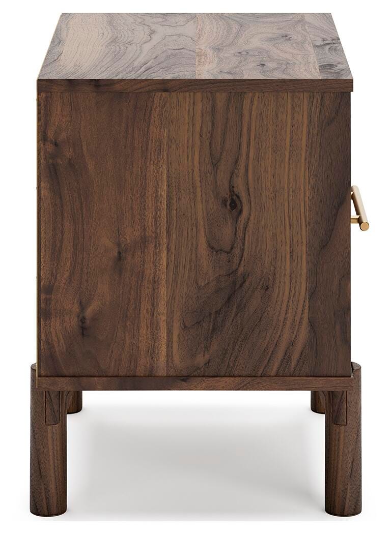 Ashley Furniture Calverson nightstand with a dark wood finish and modern design, featuring a single drawer and open shelf.
