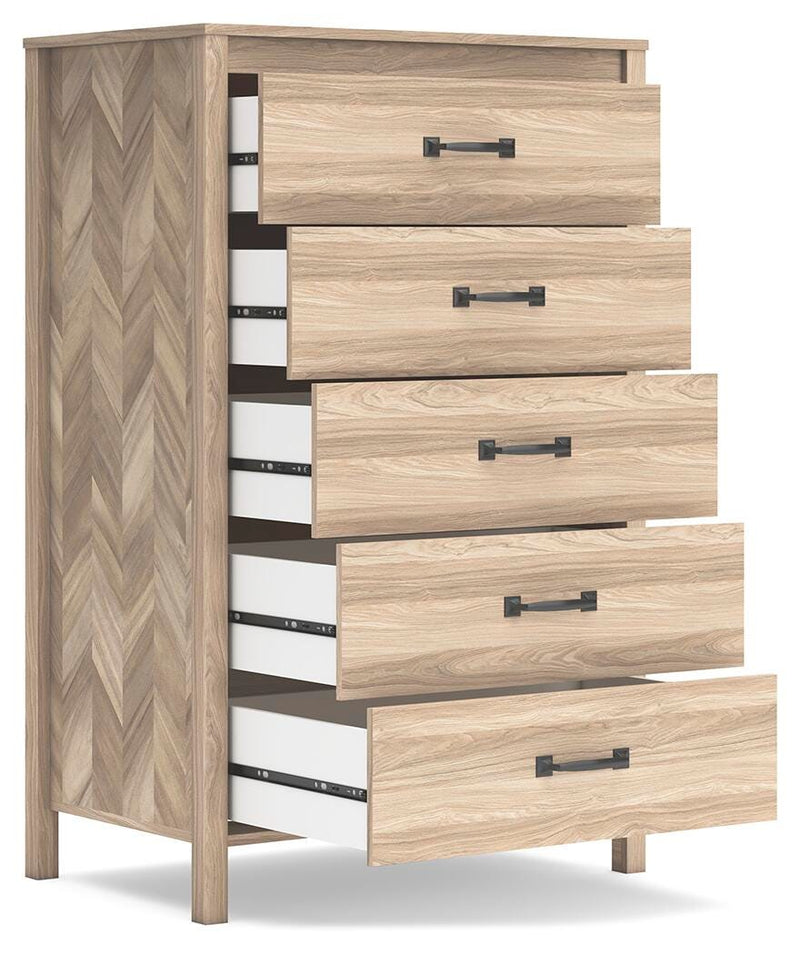 Ashley Furniture Battelle chest of drawers with open drawers, showcasing a wooden storage chest with multiple spacious drawers.