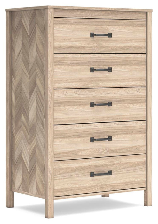 Ashley Furniture Battelle chest of drawers showing a sleek wooden chest with multiple drawers and modern design, angled view.