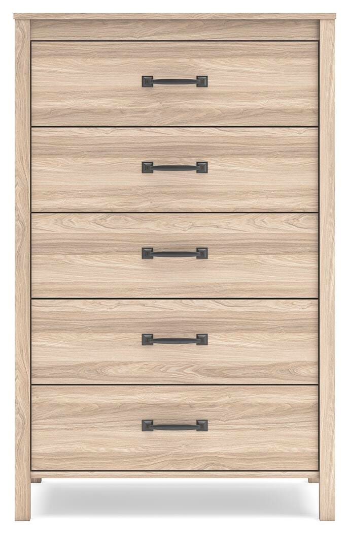 Ashley Furniture Battelle Chest of Drawers showing a sleek wooden chest with multiple drawers and modern hardware.