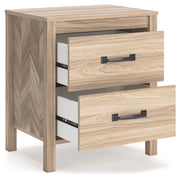Ashley Furniture Battelle nightstand with open drawer and wood finish, angled view showing its sleek design and storage space