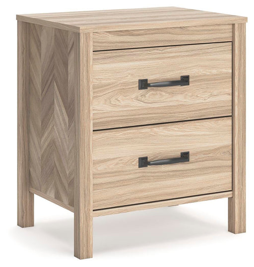 Ashley Furniture Battelle Nightstand featuring a sleek wooden finish and modern design, shown from an angled side view.