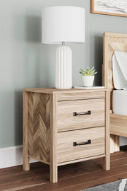 Ashley Furniture Battelle nightstand with wood finish, featuring a single drawer and open shelf for bedside storage.