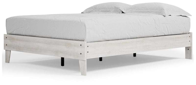 Ashley Furniture Shawburn Queen Platform Bed shown from an angled view with a wooden frame and modern design.