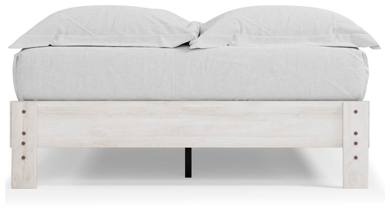 Ashley Furniture Shawburn Queen Platform Bed with a sturdy wooden frame and modern design, shown from the back view.