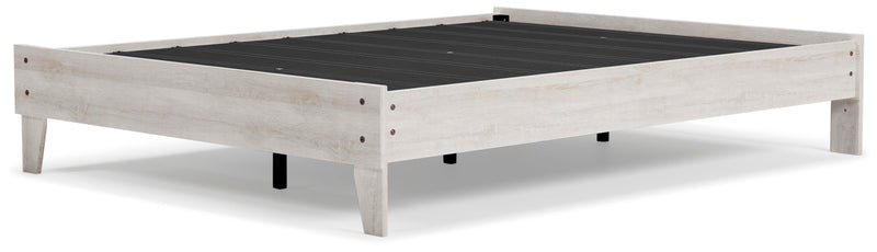 Ashley Furniture Shawburn Queen Platform Bed with sleek wooden frame and modern design, shown from an angled perspective.