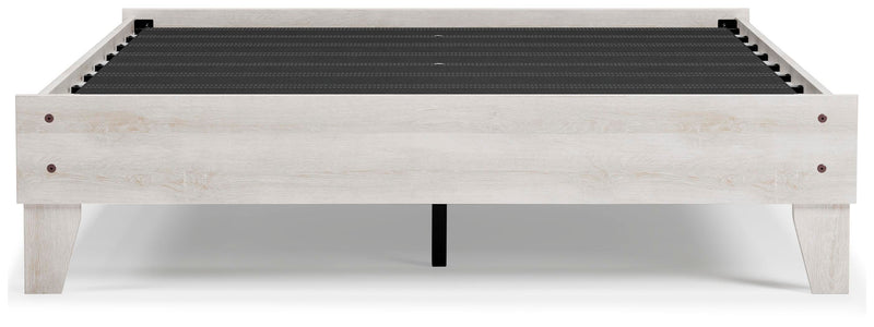 Ashley Furniture Shawburn Queen Platform Bed with headboard, showcasing a modern design in a natural wood finish.