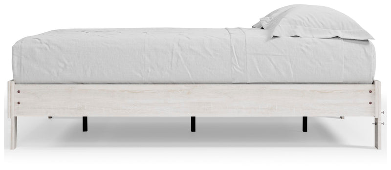 Ashley Furniture Shawburn Queen Platform Bed with sleek wood finish and modern design, shown from a side angle.