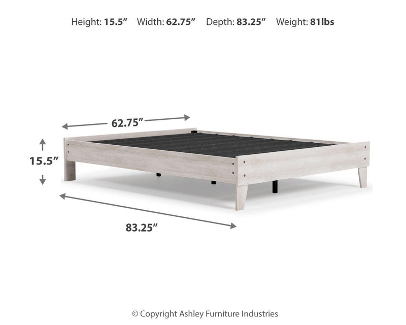 Ashley Furniture Shawburn Queen platform bed with a sleek wood frame and modern design, shown in a well-lit bedroom setting.