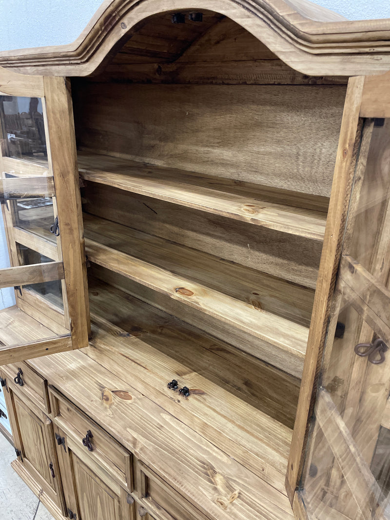 Rustic Solid Pine Hutch & Buffet with Glass Display Doors