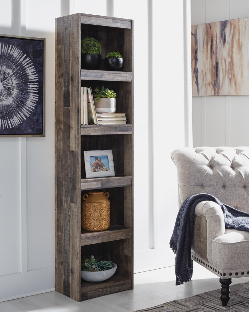 Ashley Furniture Derekson Pier TV stand with open shelves and storage compartments, black wood finish, modern design.