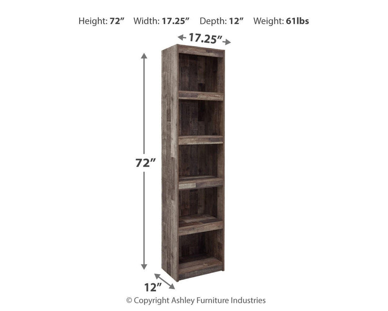 Ashley Furniture Derekson Pier TV stand with open shelves and storage compartments, made of dark wood.