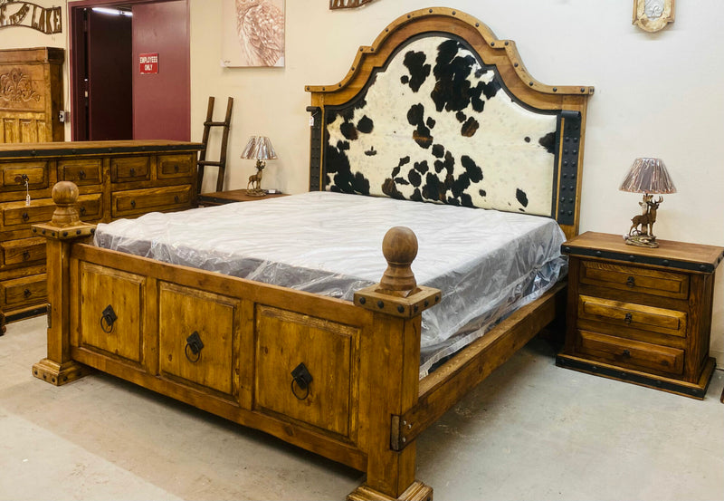 Reclaimed Wood Cowhide Headboard - 3 Drawer Reclaimed Wood Night Stands