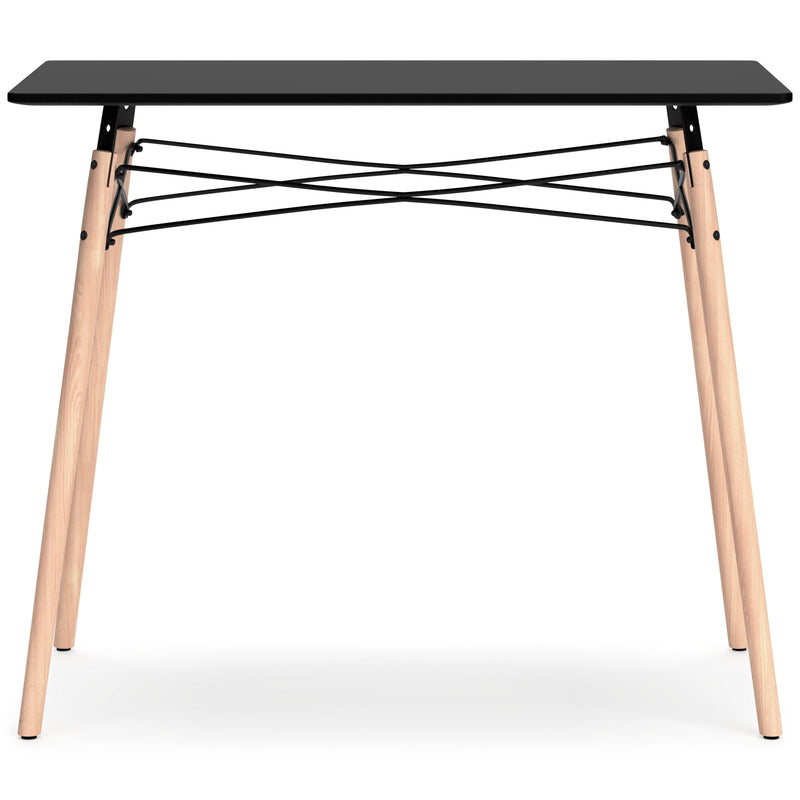 Ashley Furniture Jaspeni home office desk with a spacious wooden workspace and sleek design, shown from the back view.