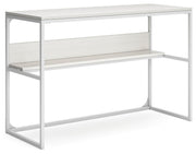 Ashley Furniture Deznee home office desk shown from an angled view, featuring a sleek wooden surface and modern design.