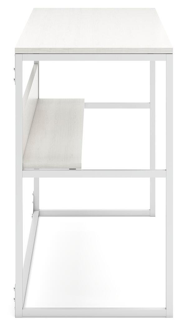 Ashley Furniture Deznee home office desk with a sleek wooden surface and side storage, ideal for modern workspace setups.