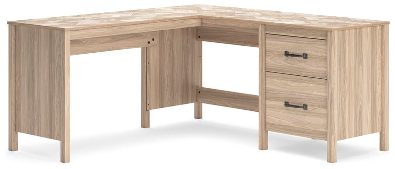 Ashley Furniture Battelle 60-inch home office desk with return, featuring a sleek wood finish and modern design, shown at an angle.