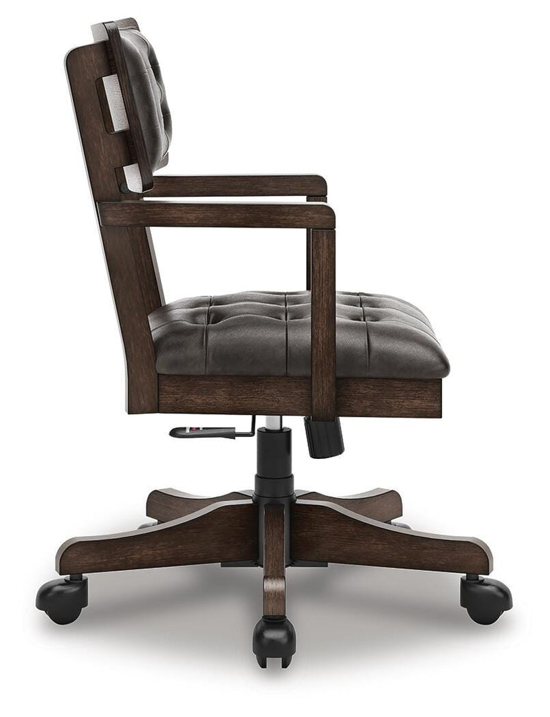 Ashley Furniture Breckington Home Office Set with desk and side shelves, featuring a modern dark wood finish.