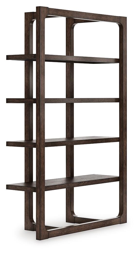 Ashley Furniture Breckington home office set with a corner desk and matching bookshelf, shown from an angled side view.