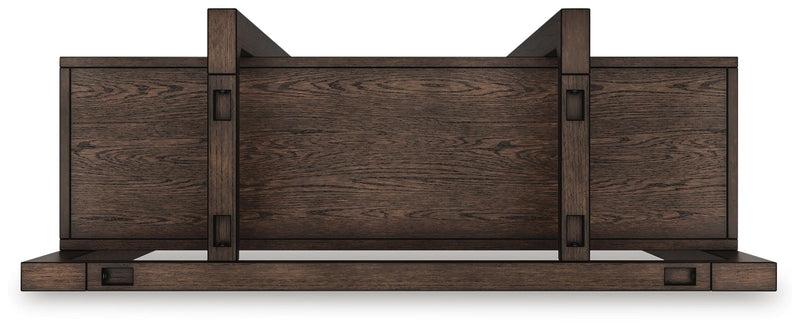 Ashley Furniture Breckington Home Office Set with dark wood desk, hutch, and matching office chair in a modern workspace.