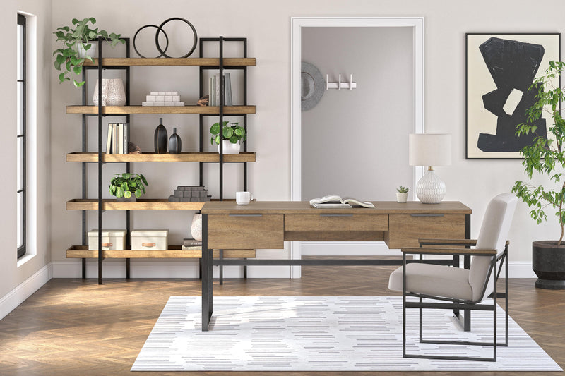 Ashley Furniture Montia home office set with desk, chair, and storage units shown in a modern, stylish workspace arrangement.