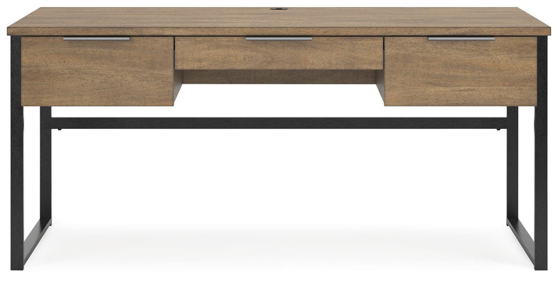 Ashley Furniture Montia Home Office Set featuring a desk, chair, and storage unit with a modern design and dark wood finish.