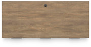 Montia home office set by Ashley Furniture, includes desk and storage unit, with dark wood finish and modern design.
