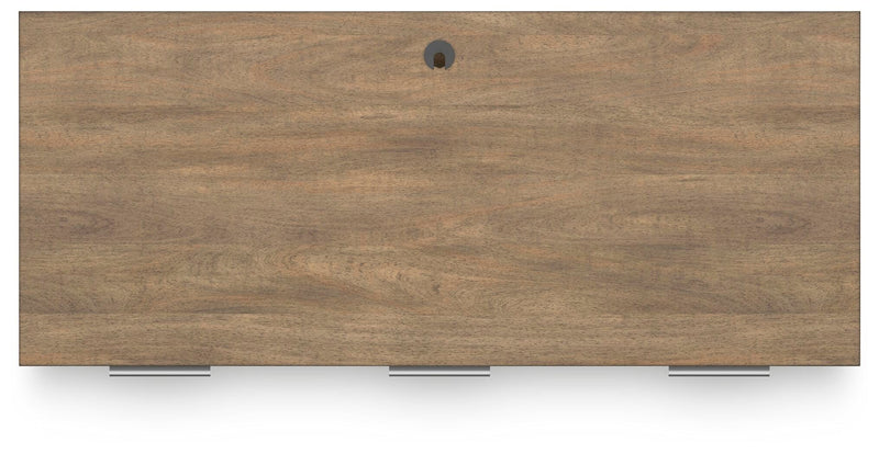 Montia home office set by Ashley Furniture, includes desk and storage unit, with dark wood finish and modern design.