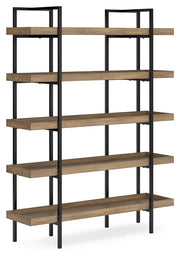 Ashley Furniture Montia Home Office Set with desk, chair, and shelving, shown from an angled view in a modern workspace setting.