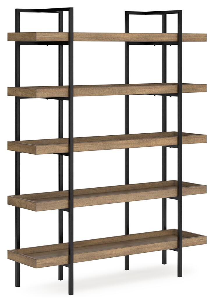 Ashley Furniture Montia Home Office Set with desk, chair, and shelving, shown from an angled view in a modern workspace setting.
