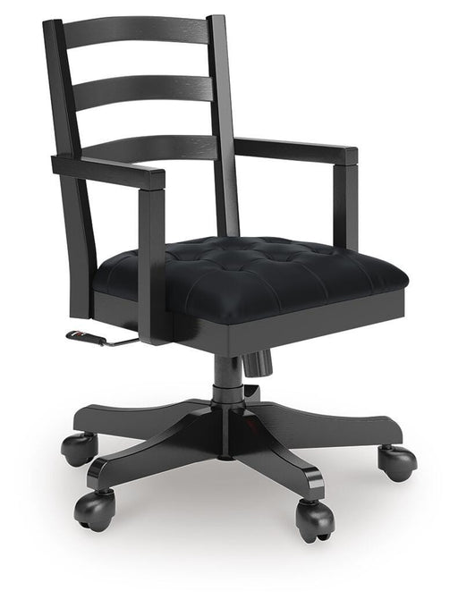 Ashley Furniture Wildenauer home office desk chair with padded armrests, black fabric upholstery, and ergonomic design.